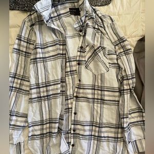 White free press size medium flannel with blue grey stripes
